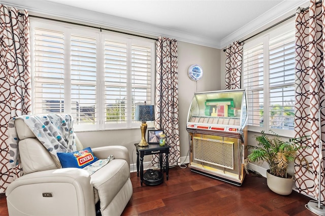 living area featuring dark wood-type flooring and crown molding