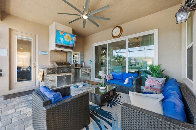 view of patio / terrace featuring ceiling fan, an outdoor hangout area, grilling area, and area for grilling