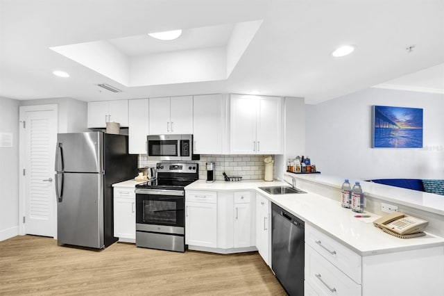 kitchen with sink, stainless steel appliances, light hardwood / wood-style flooring, kitchen peninsula, and white cabinets