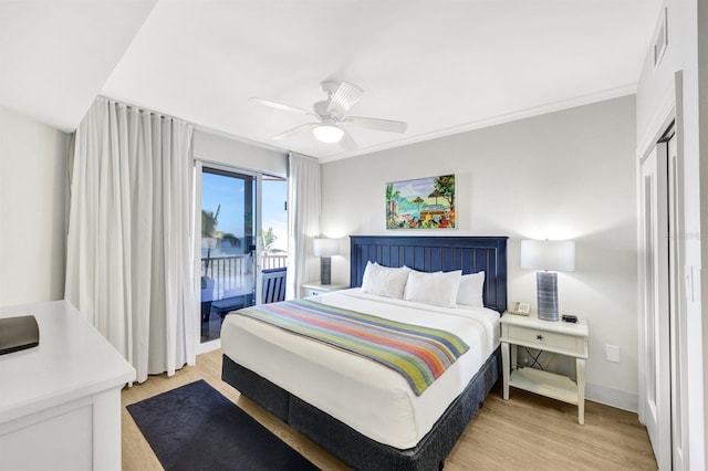 bedroom featuring ceiling fan, ornamental molding, access to outside, and light hardwood / wood-style flooring