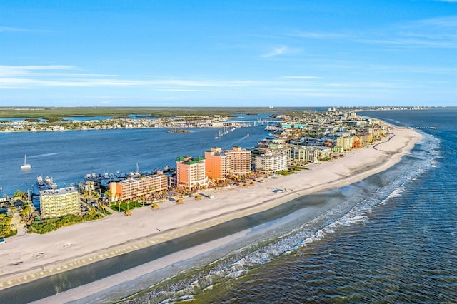 aerial view featuring a beach view and a water view