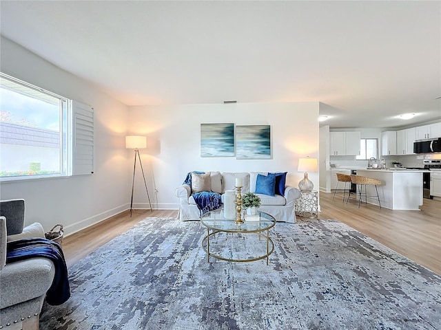 living room featuring light hardwood / wood-style flooring and sink