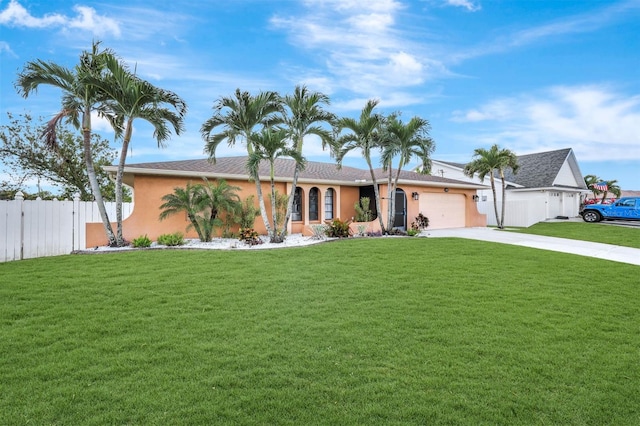 single story home featuring a garage and a front lawn