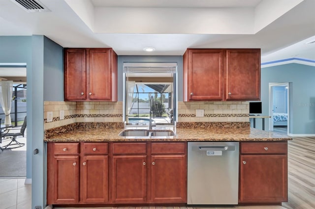 kitchen with dark stone countertops, decorative backsplash, sink, and stainless steel dishwasher