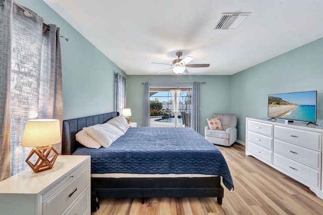 bedroom with ceiling fan, access to exterior, and light wood-type flooring