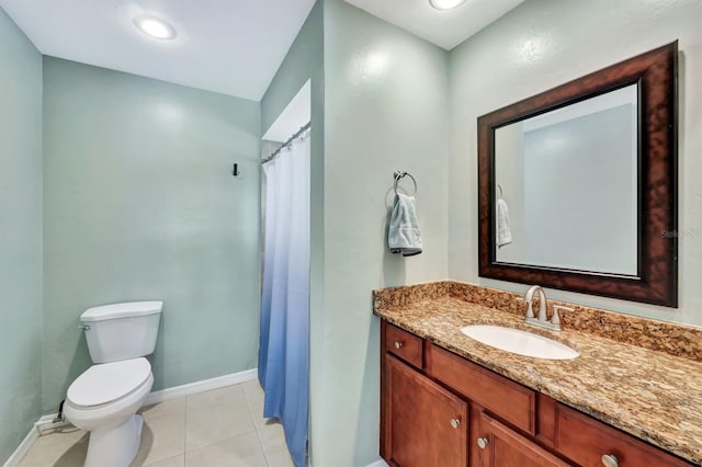 bathroom with tile patterned floors, vanity, toilet, and a shower with shower curtain