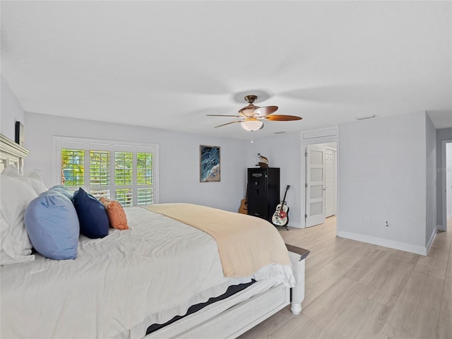 bedroom featuring ceiling fan and light hardwood / wood-style floors