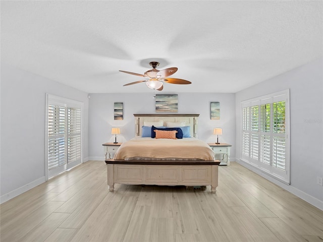 bedroom with ceiling fan, light wood-type flooring, and access to outside