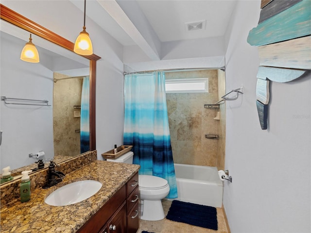 full bathroom with shower / bathtub combination with curtain, vanity, and toilet