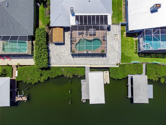 drone / aerial view featuring a water view