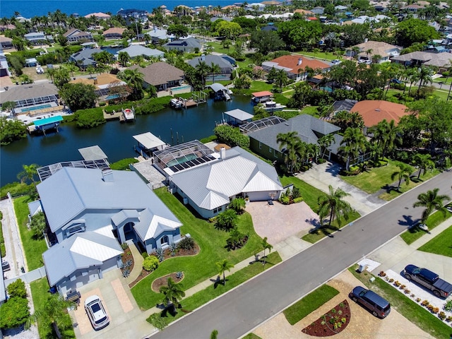 drone / aerial view featuring a water view