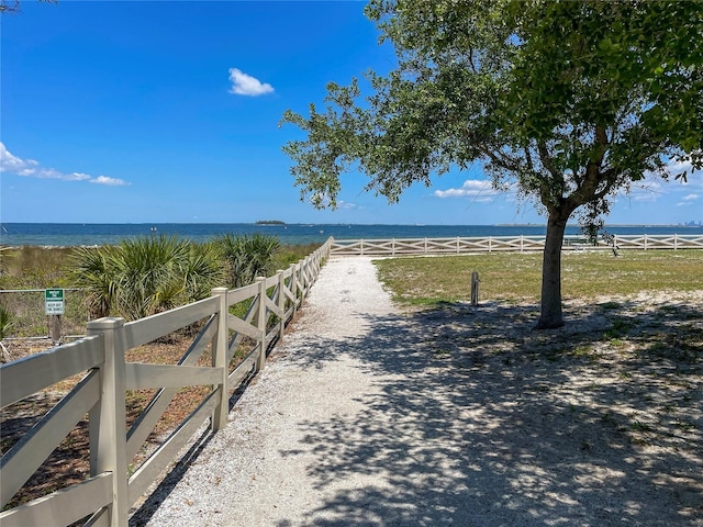 exterior space with a water view