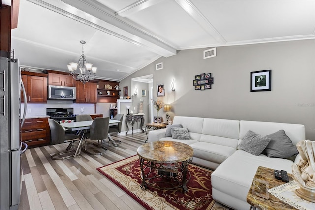 living room featuring light wood-type flooring, lofted ceiling with beams, and a chandelier