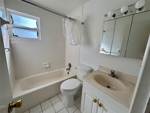 full bathroom with toilet, vanity, tile patterned floors, and shower / bathtub combination with curtain