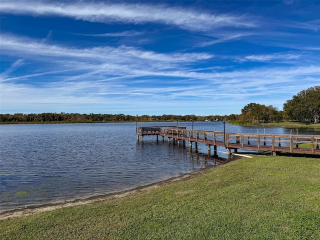 dock area featuring a yard and a water view