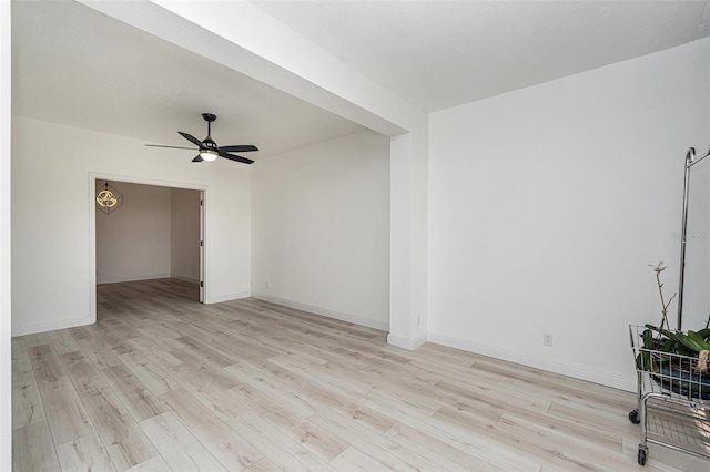 unfurnished living room featuring ceiling fan and light wood-type flooring