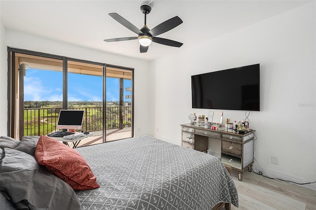 bedroom featuring access to exterior, ceiling fan, and light wood-type flooring