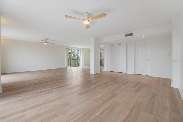 unfurnished living room with light hardwood / wood-style floors and ceiling fan