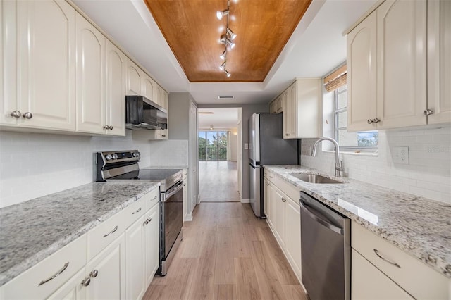 kitchen with light stone countertops, stainless steel appliances, a tray ceiling, and sink