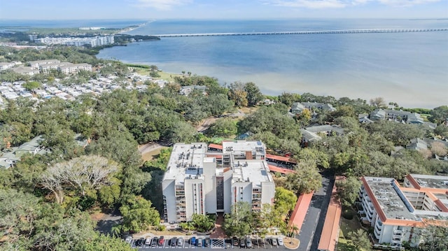 birds eye view of property featuring a water view