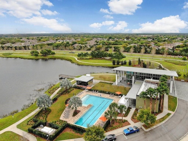 drone / aerial view with a water view