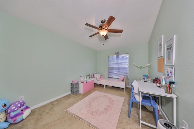 bedroom featuring light colored carpet and ceiling fan