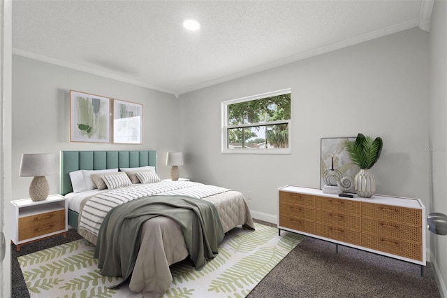 bedroom featuring baseboards, ornamental molding, a textured ceiling, and carpet flooring