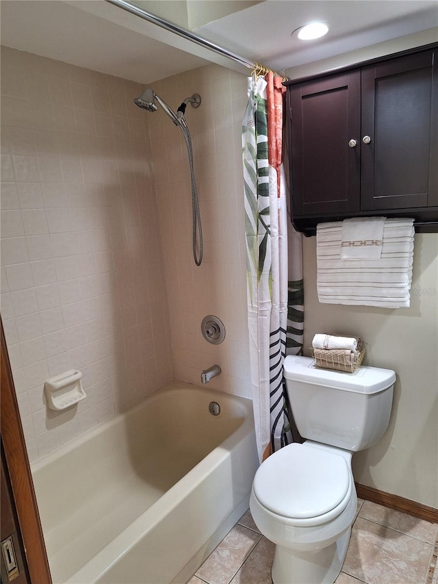 bathroom with tile patterned flooring, toilet, and shower / bathtub combination with curtain