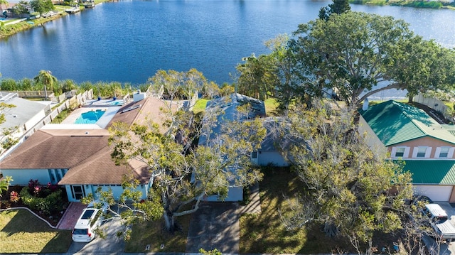 birds eye view of property featuring a water view