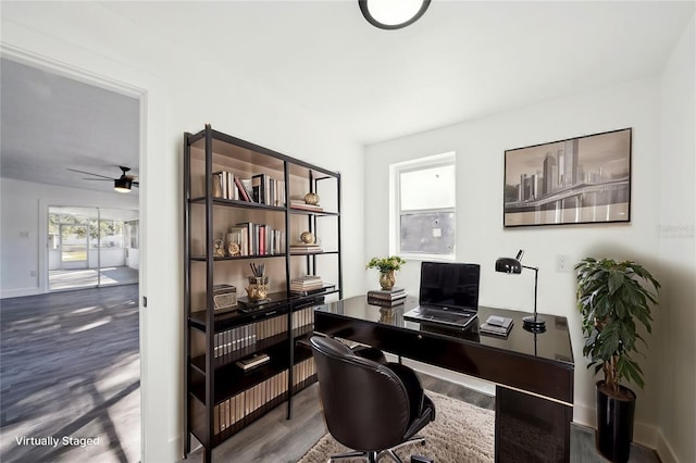 office space with ceiling fan and hardwood / wood-style floors