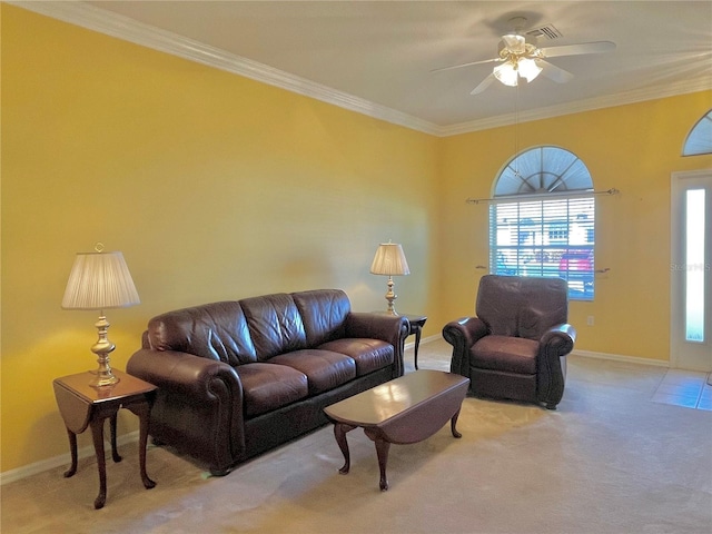 carpeted living room featuring ceiling fan and crown molding