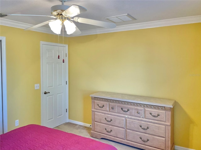 bedroom with light carpet, ceiling fan, and crown molding