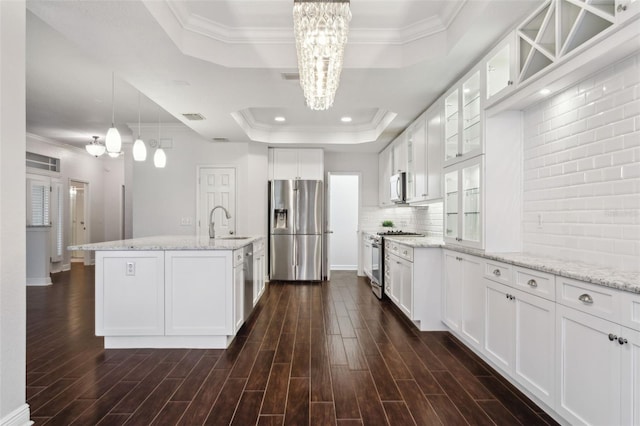 kitchen with white cabinets, stainless steel appliances, and a tray ceiling