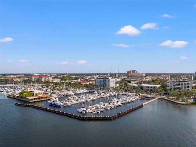 drone / aerial view with a water view