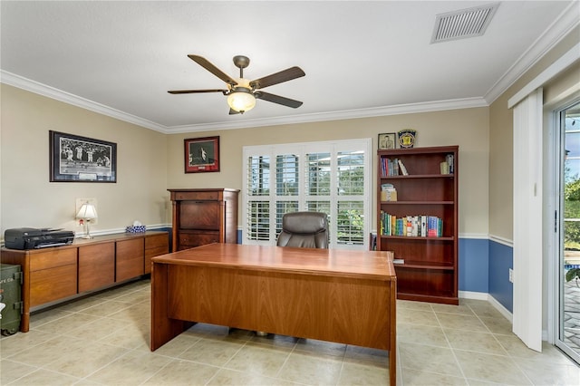 tiled home office featuring ceiling fan and ornamental molding