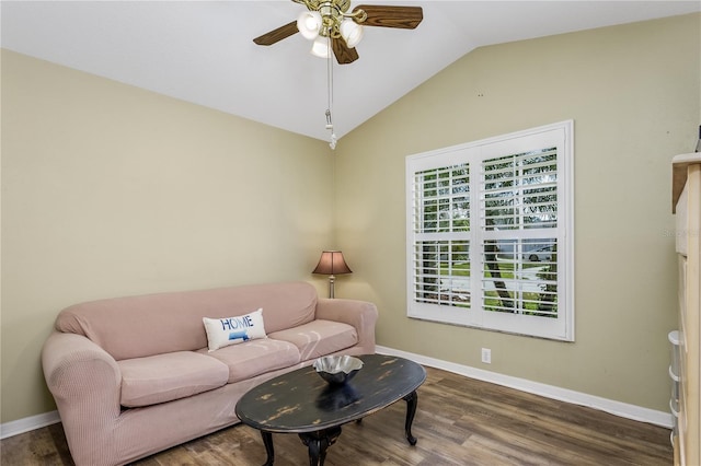 living room featuring ceiling fan, lofted ceiling, and hardwood / wood-style flooring