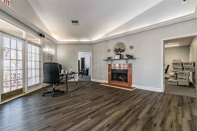 office space featuring dark hardwood / wood-style floors and vaulted ceiling