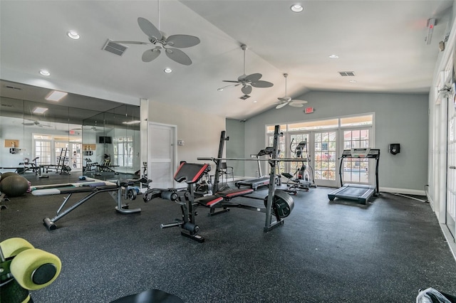 workout area with ceiling fan, lofted ceiling, and french doors