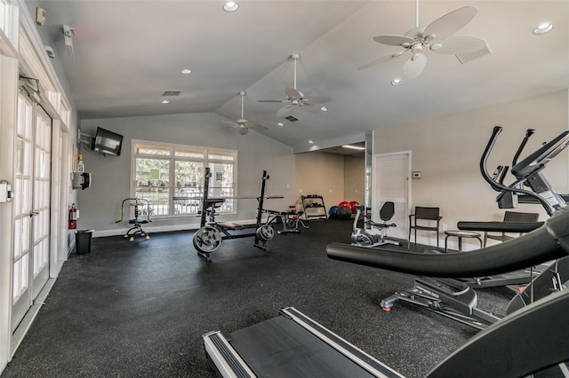 workout area with ceiling fan and lofted ceiling