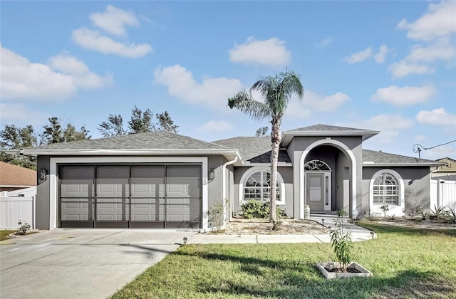 single story home featuring a front lawn and a garage