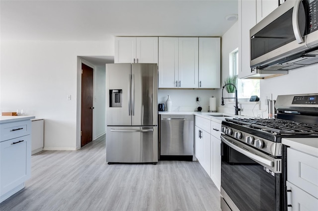 kitchen featuring white cabinets, light hardwood / wood-style floors, sink, and appliances with stainless steel finishes