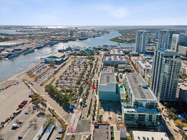 bird's eye view with a water view