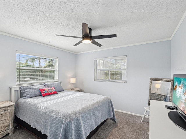 bedroom with a textured ceiling, carpet flooring, ceiling fan, and crown molding