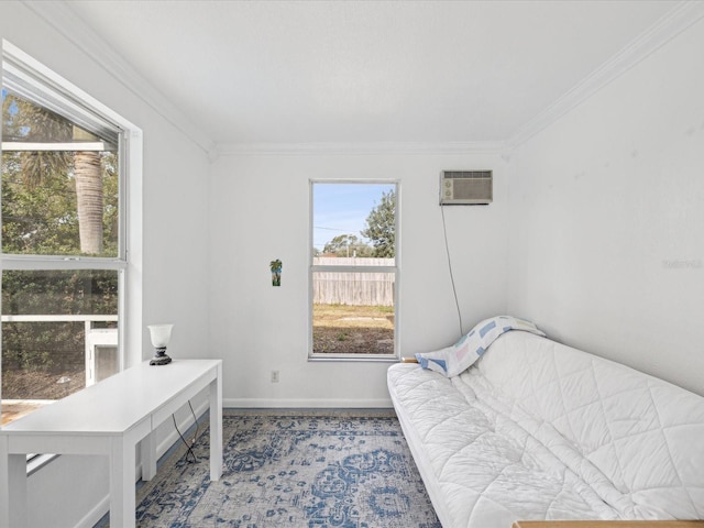 bedroom with crown molding and a wall unit AC