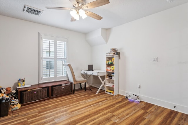 office space with light hardwood / wood-style flooring and ceiling fan