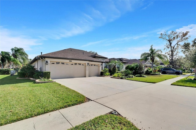 single story home featuring a garage and a front lawn