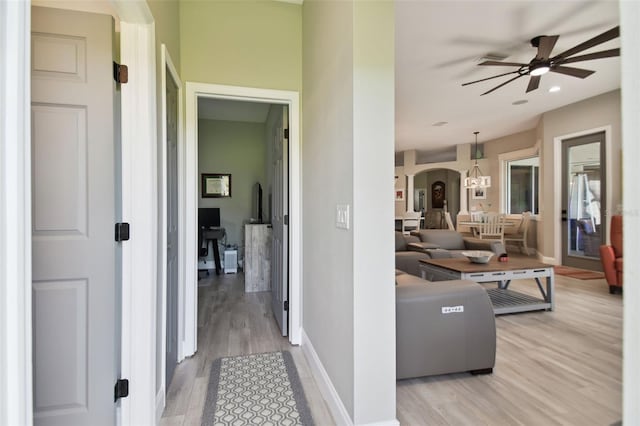 living room featuring light hardwood / wood-style floors and ceiling fan with notable chandelier