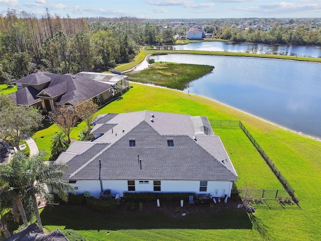 bird's eye view with a water view