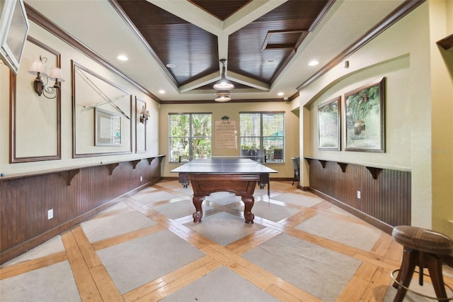 recreation room with wooden walls, ornamental molding, billiards, and wooden ceiling