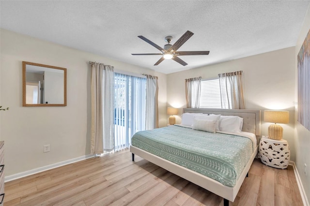 bedroom featuring a textured ceiling, light hardwood / wood-style floors, and ceiling fan